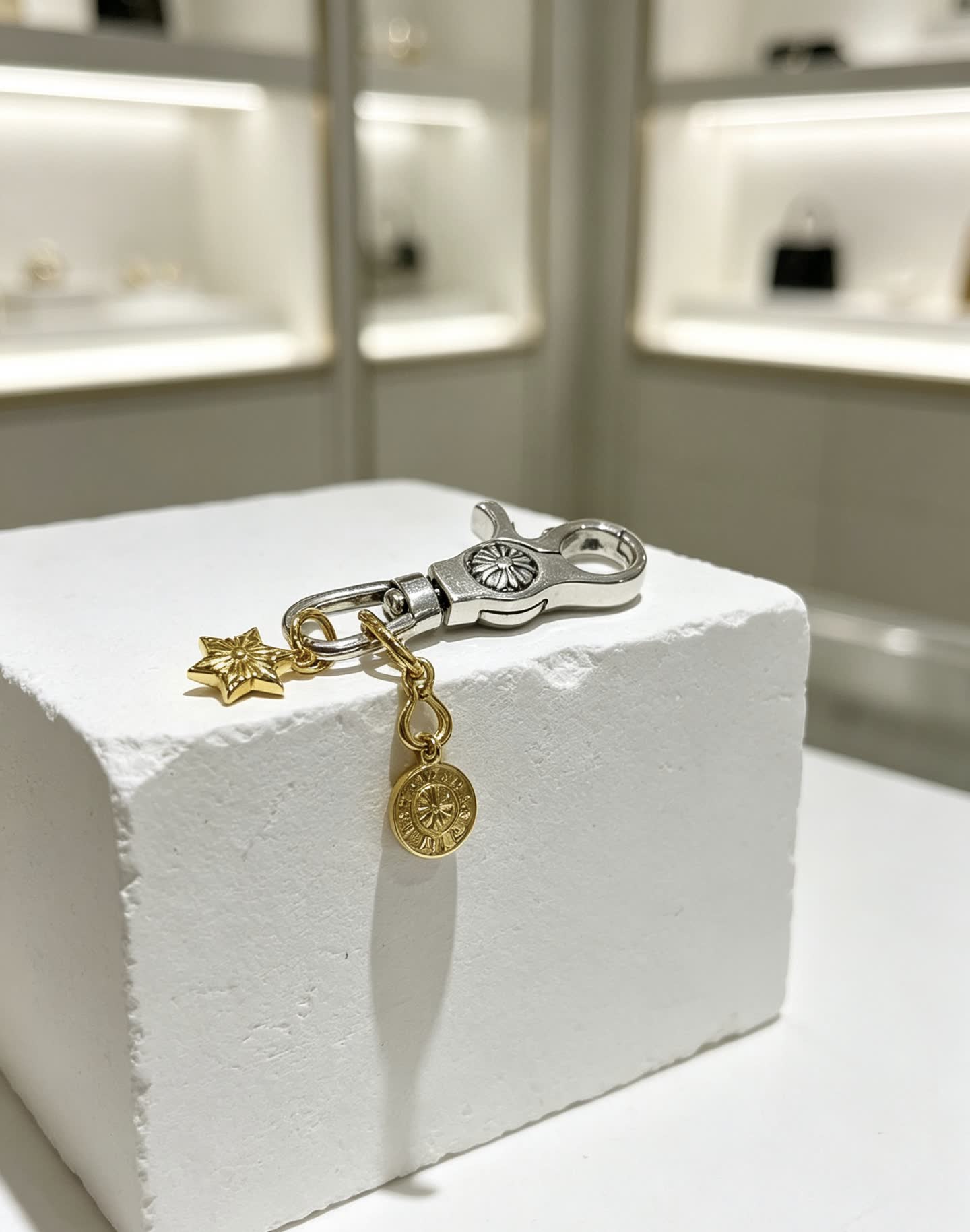 Chrome Hearts Silver Keychain with Gold Star and Coin Charms